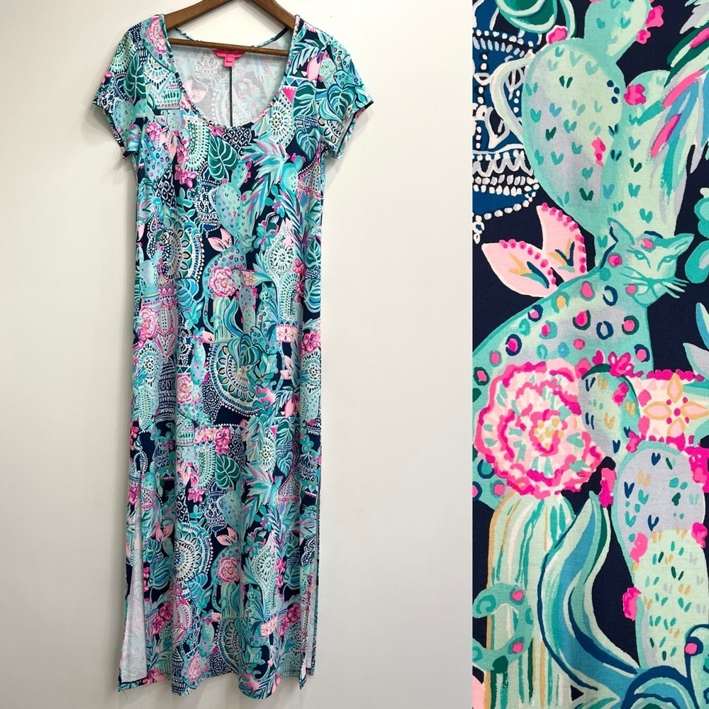 Lilly Pulitzer Wynne Maxi Dress Lookin Sharp Cactus Leopard Jersey Stretch LG